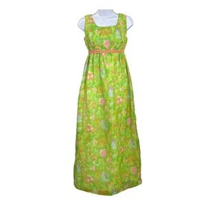 Vintage Green Floral Empire Waist Maxi Dress Mod 60s Pastel Cottagecore Fairy